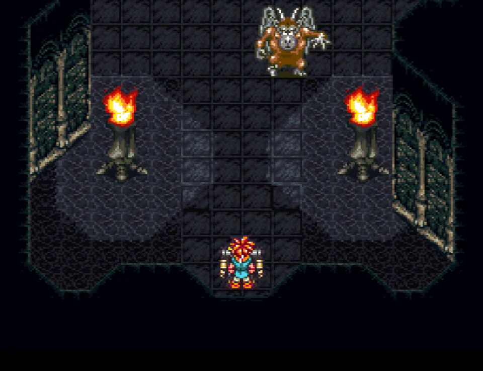 Crono facing a Reptite between two torches inside Chrono Trigger Tyranno Lair