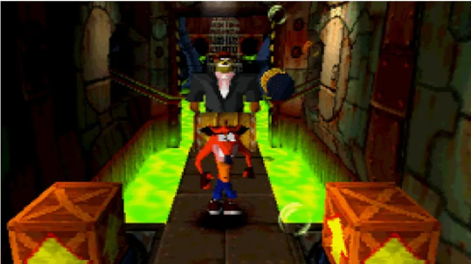 Crash Bandicoot running along a metal walkway above green waste in the Generator Room