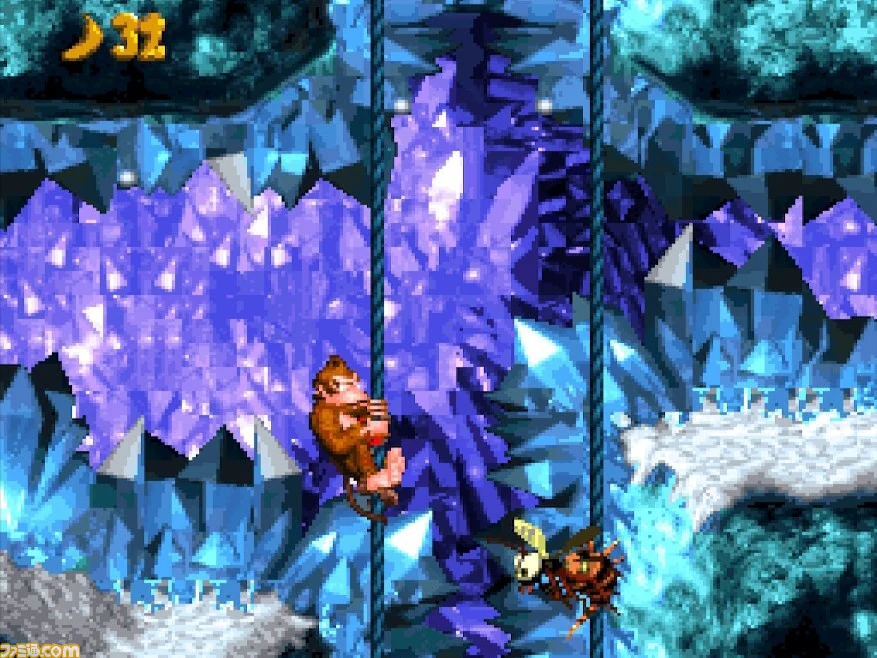 Donkey Kong and Diddy Kong crossing a blue ice cavern in Donkey Kong Country Gorilla Glacier