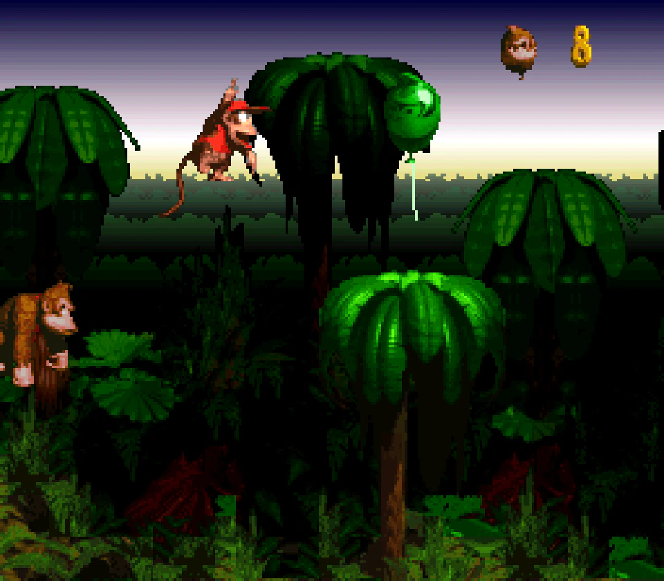 Donkey Kong and Diddy Kong climbing the treetop route in Donkey Kong Country Jungle Hijinxs