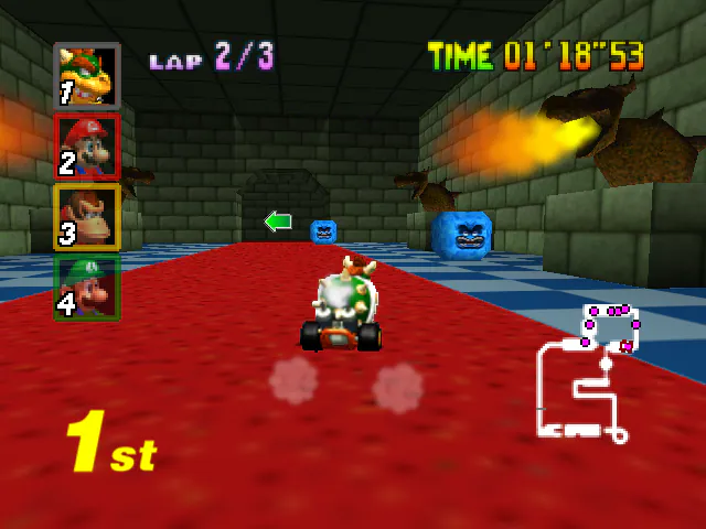 Bowser racing between Thwomps on the red-carpet corridor of Mario Kart 64 Bowser's Castle