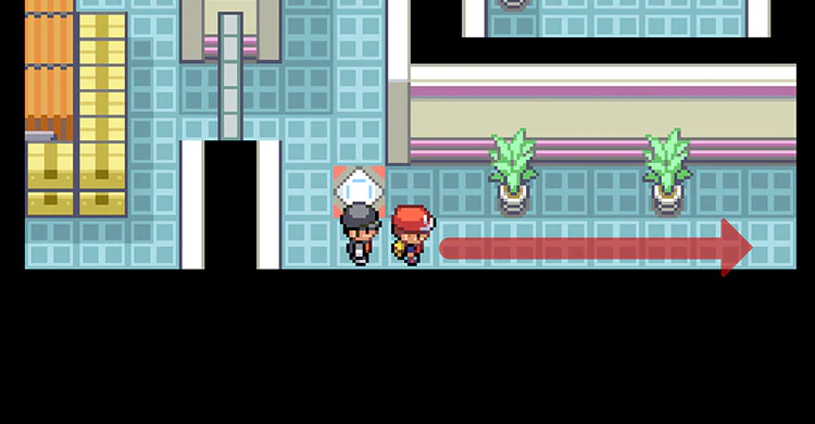 Pokemon FireRed trainer following a red route arrow toward the Card Key in Silph Co fifth floor