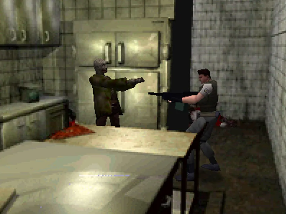 Chris Redfield aiming a shotgun at a zombie in the original Resident Evil mansion kitchen