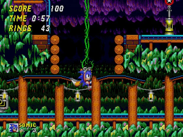 Sonic running across a wooden platform toward a checkpoint in Sonic 2 Mystic Cave Zone