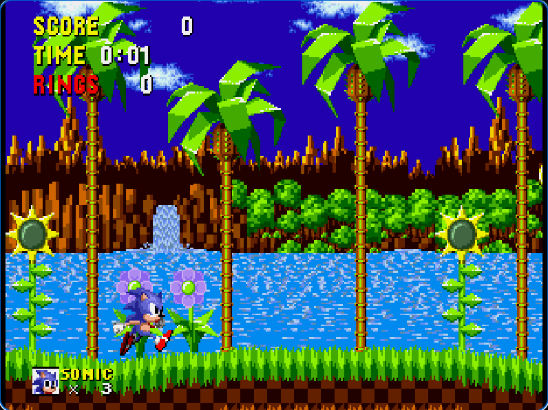 Sonic standing beside flowers and a waterfall at the start of Green Hill Zone Act 1
