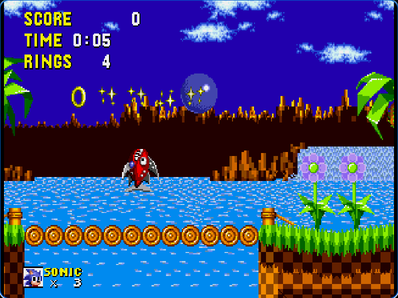 Sonic curled into a ball while collecting rings above a log bridge in Green Hill Zone