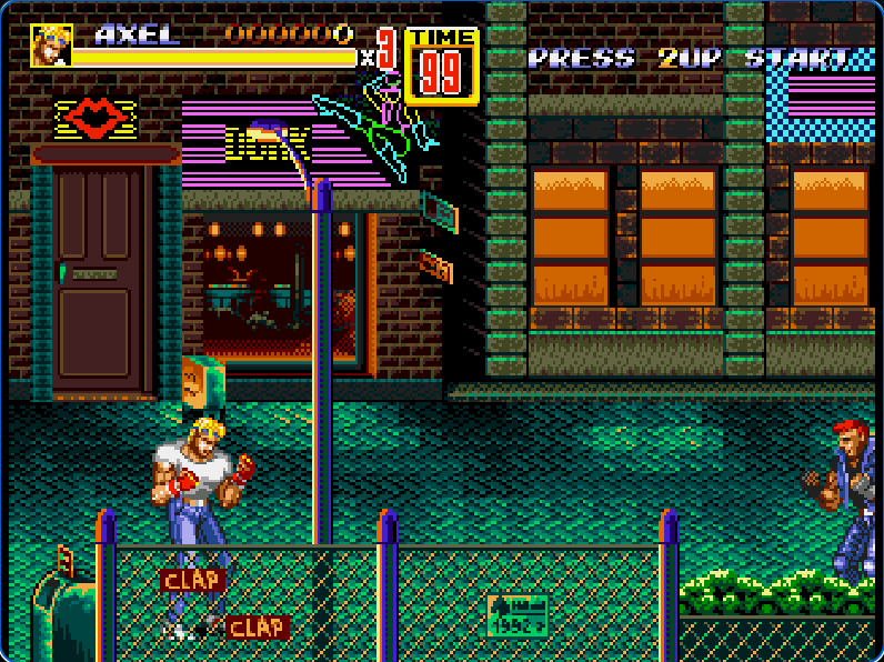 Axel Stone facing a Galsia enemy on the neon street at the start of Streets of Rage 2