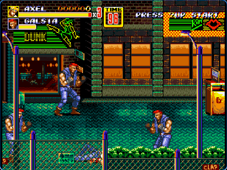 Axel Stone surrounded by two Galsia enemies during Streets of Rage 2 Stage 1 combat