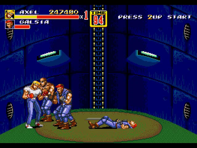 Axel surrounded by enemies on the circular elevator during Streets of Rage 2 Stage 7