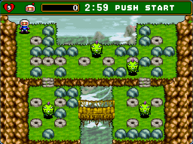 White Bomber in the upper-left corner of Super Bomberman 4 Area 1-1 with green enemies below