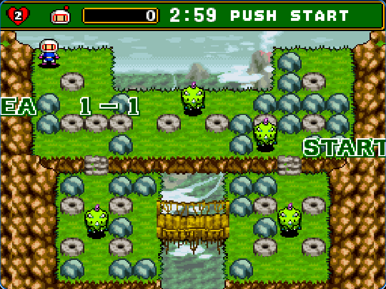 Super Bomberman 4 Area 1-1 start overlay above the grassy maze and breakable rocks