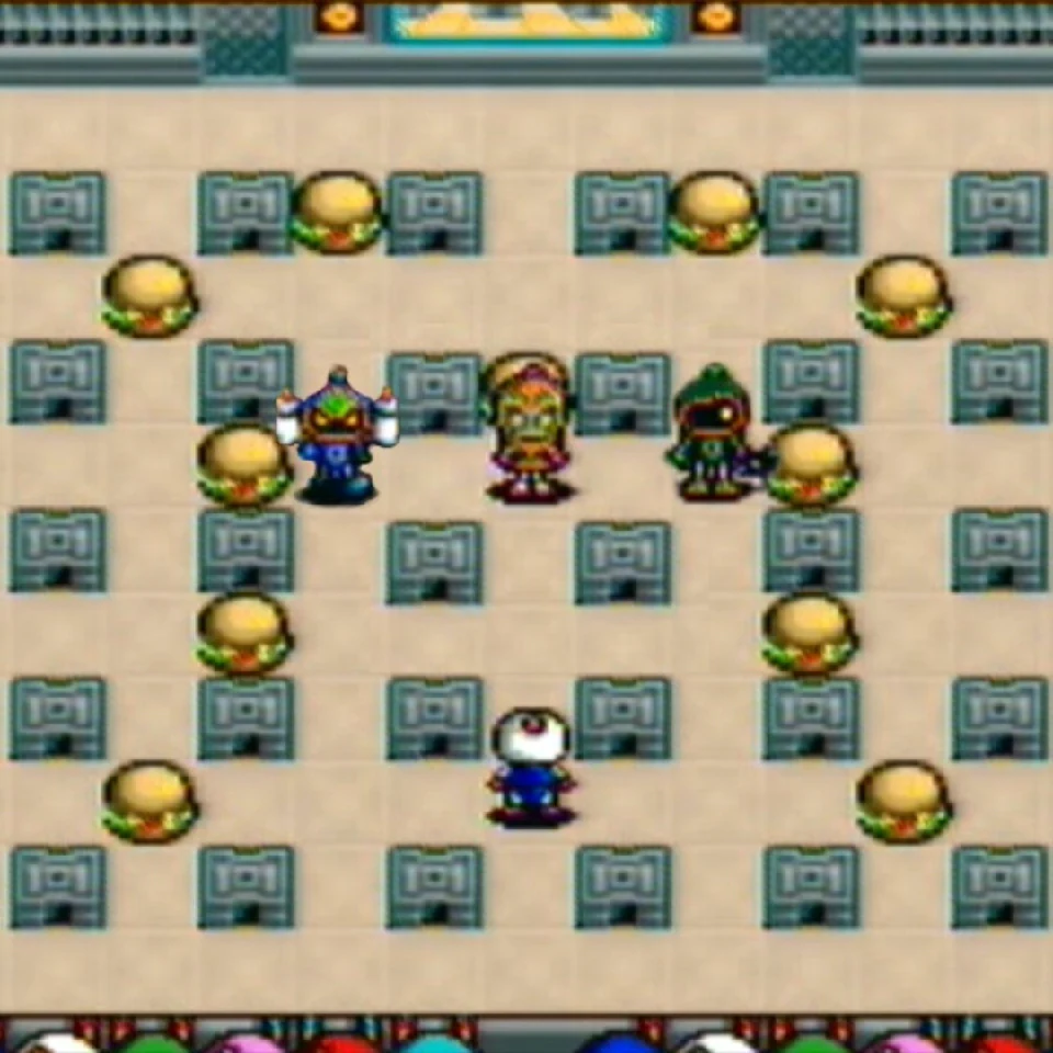 White Bomber facing three enemy bombers among burger blocks in Super Bomberman 4 Area 5