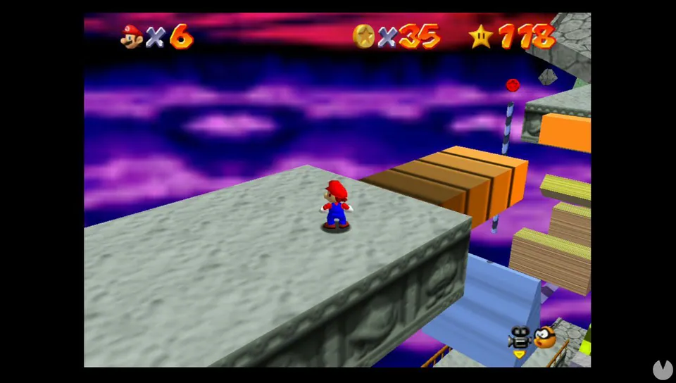 Mario standing on a stone platform above the purple void in Super Mario 64 Bowser in the Sky