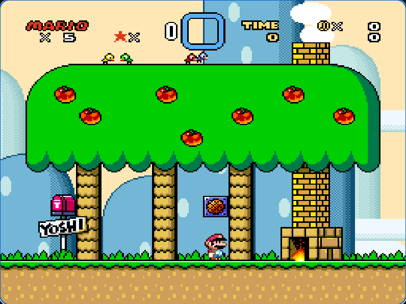 Mario standing beside Yoshi's House chimney and message block in Super Mario World