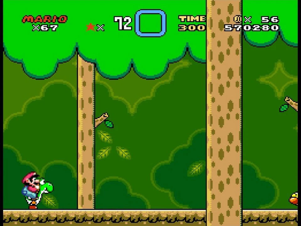 Mario riding Yoshi beside the tall tree trunks in Super Mario World Forest of Illusion 1