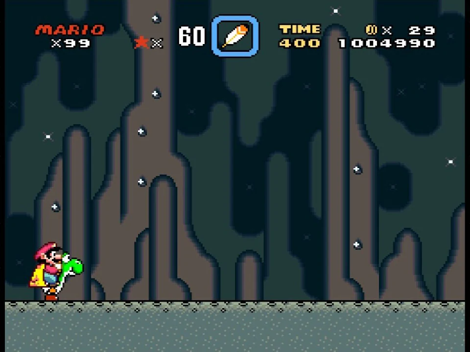 Cape Mario riding Yoshi through the cave floor of Super Mario World Valley of Bowser 1