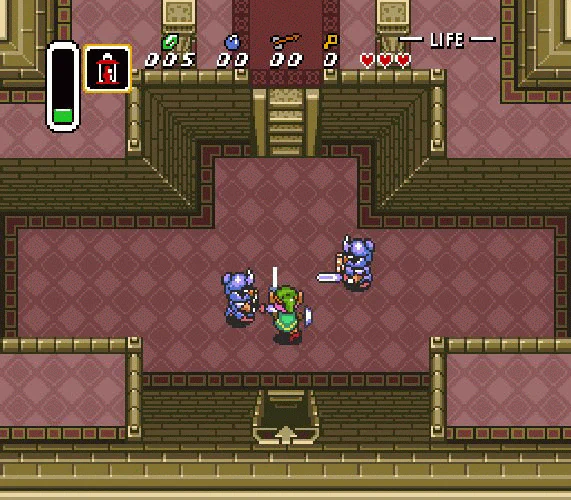 Link fighting two blue guards in a stair corridor inside A Link to the Past Hyrule Castle